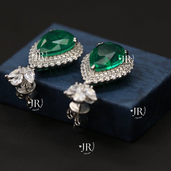 .925 Sterling Silver Teardrop Earrings with Emerald-Tone CZ and Clear CZ Halo. - Picture 3 of 6